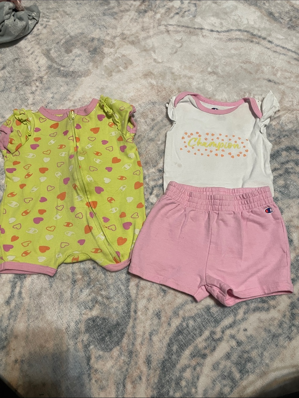 Champion White Tee with Pink Trim and Pink Shorts + Yellow Heart Romper